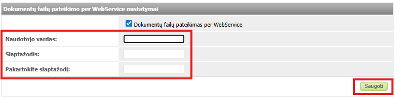 WebService nustatymų išsaugojimo veiksmas